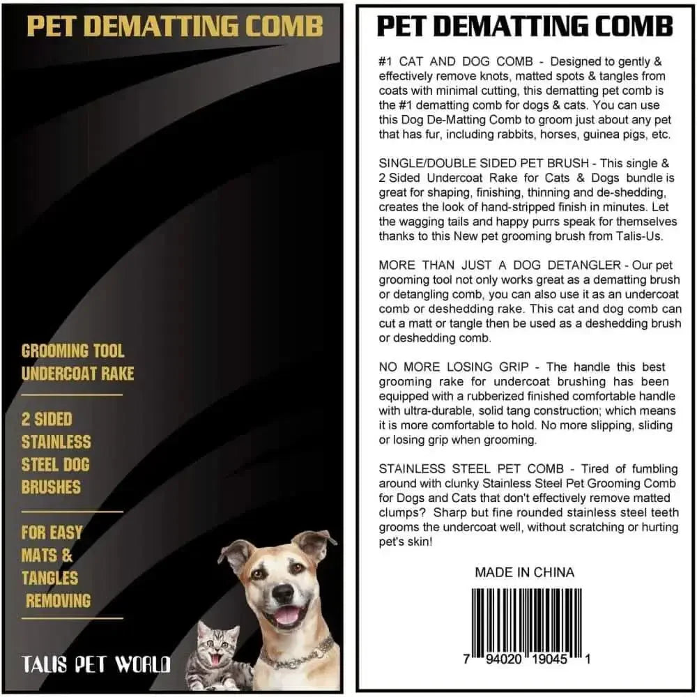 Front and back packaging of the Talis Us Pet Dematting Comb for Dogs with Ergonomic Handle. The front displays a smiling dog, product features, and the Talis Us brand. The back offers usage instructions and benefits for easy fur detangling.