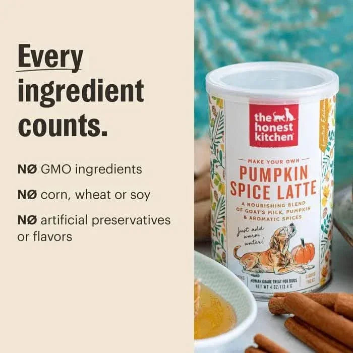 The Honest Kitchen pumpkin latte for dogs, a wholesome blend of goat milk, pumpkin, and spices.