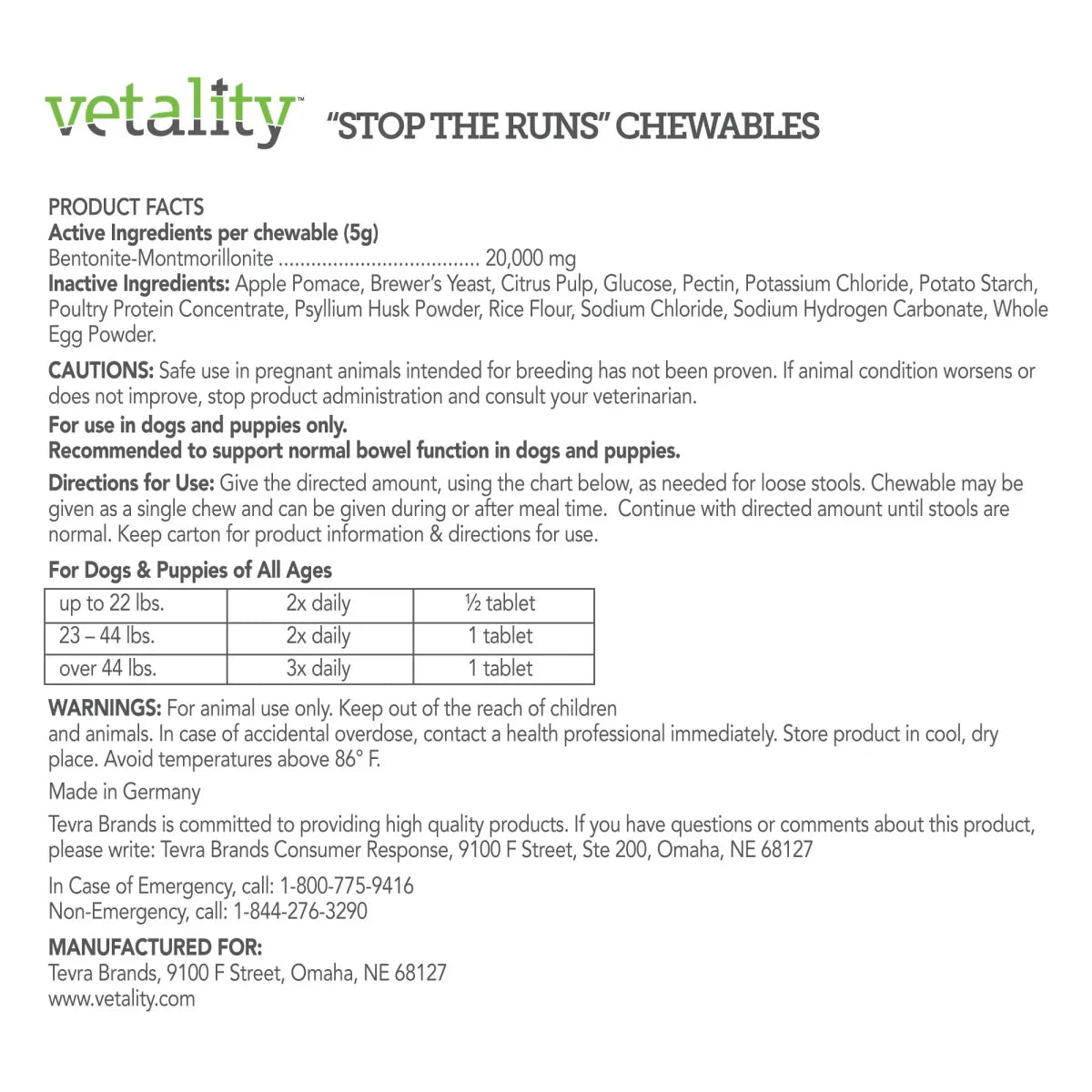 Vetality ‘Stop the Runs’ Anti - Diarrhea Chewable for Dogs 6 ct - Talis Us