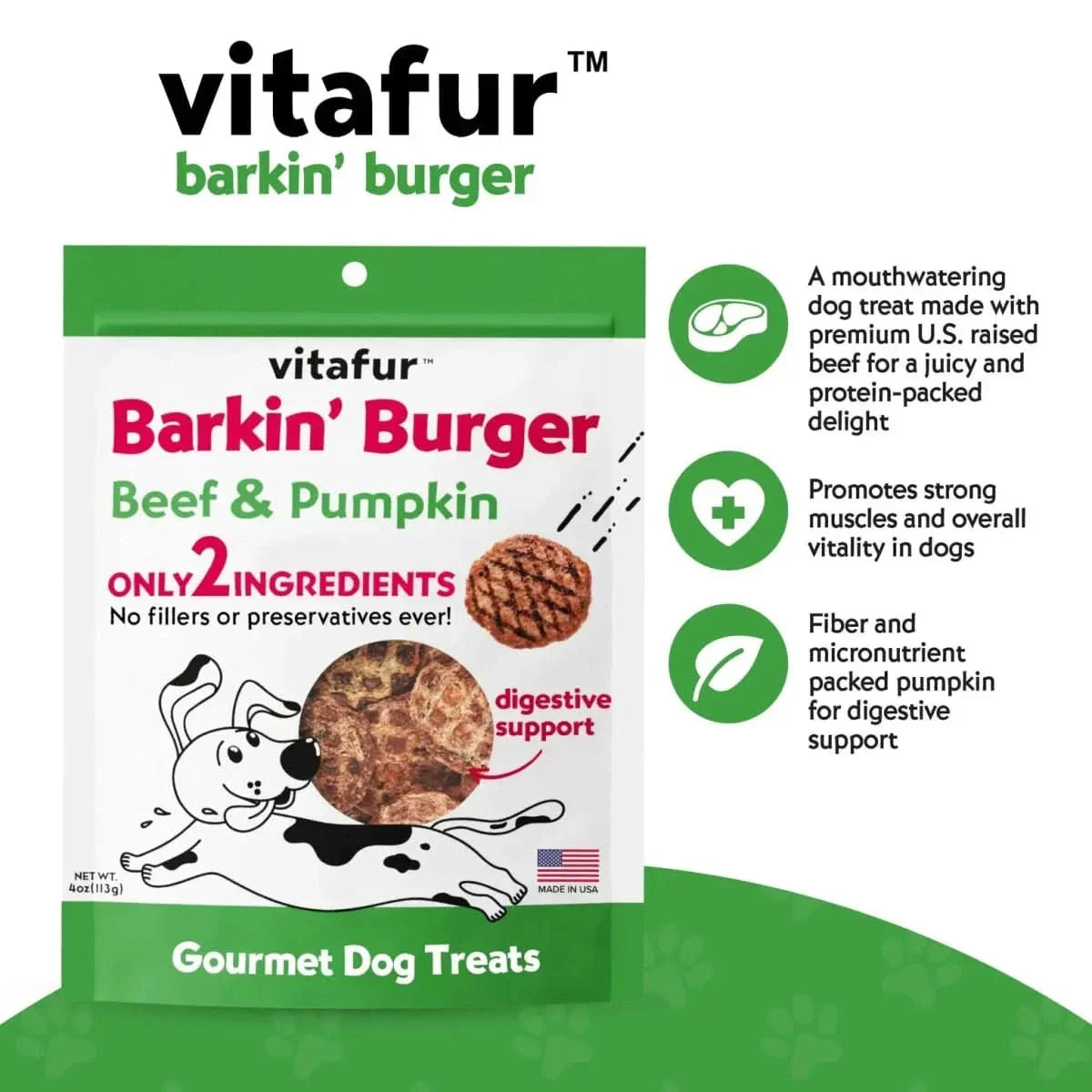 Vitafur Barkin Burger Beef & Pumpkin Dog Treat 4 oz - Talis Us