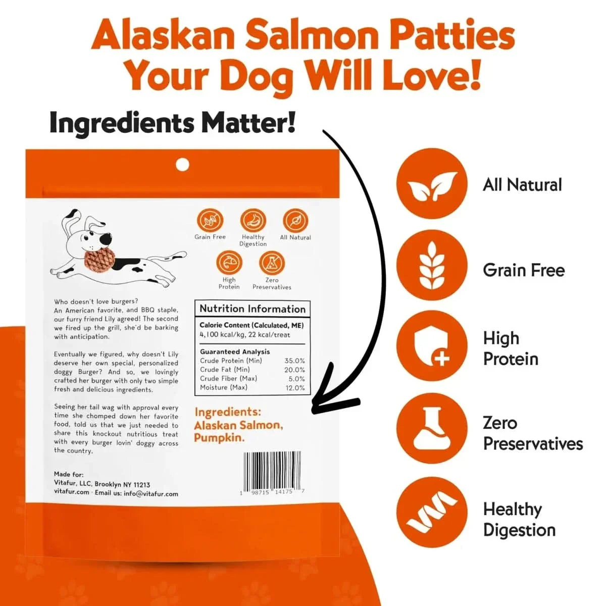 Vitafur Barkin Burger Salmon & Pumpkin Dog Treat 4 oz - Talis Us