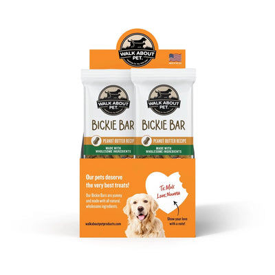 Walk About Pet Peanut Butter Dog Treats in a display box with a fun design for dogs