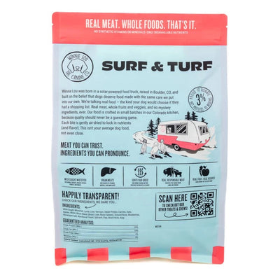 Winnie Lou air dried dog food surf and turf packaging featuring natural ingredients and a colorful design