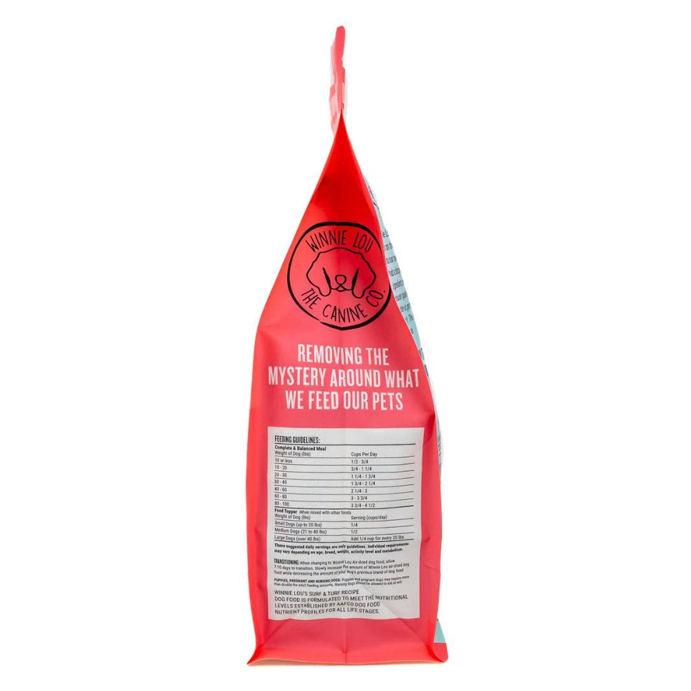 Winnie Lou air dried dog food surf and turf package featuring clear ingredient information
