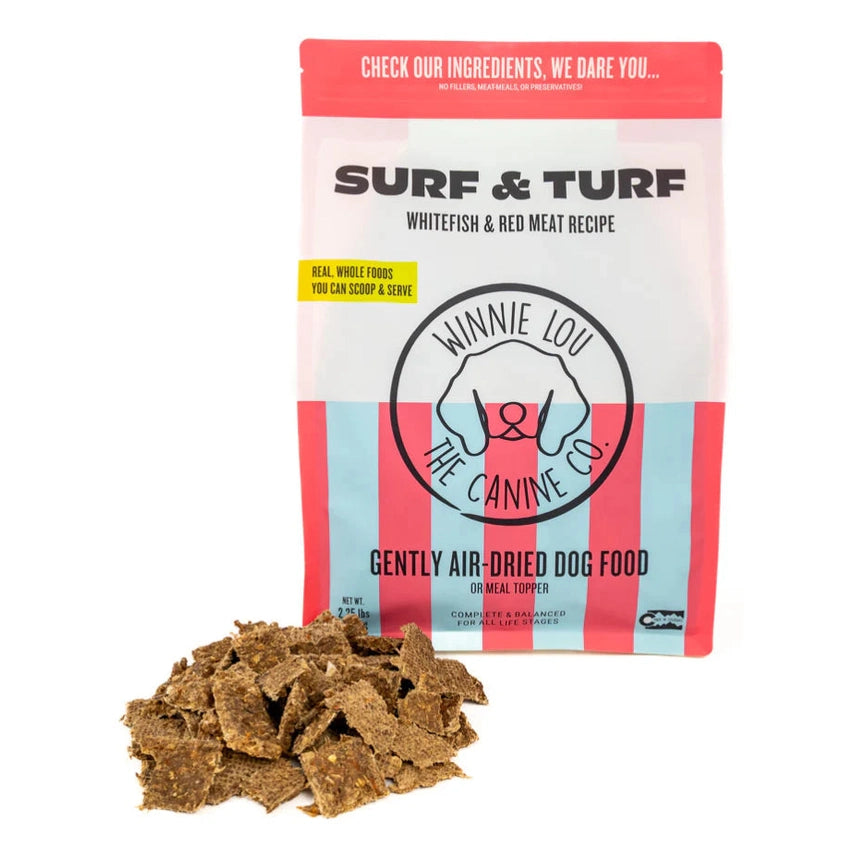 Winnie Lou Surf and Turf gently air dried dog food for dogs, featuring whitefish and red meat recipe