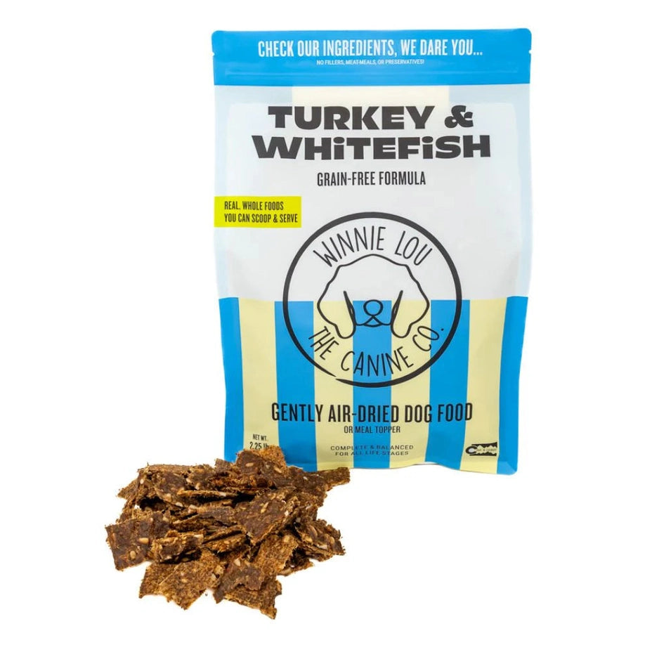 Winnie Lou air dried turkey and whitefish dog food in a grain-free formula with wholesome ingredients