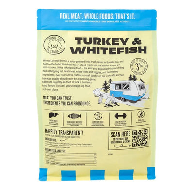 Winnie Lou air dried turkey and whitefish dog food package featuring whole food ingredients and nutritional details