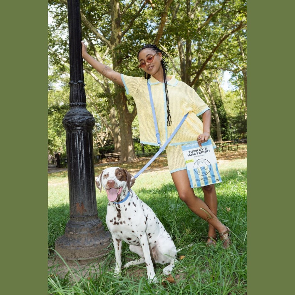 Winnie Lou air dried turkey and whitefish dog food in a stylish bag with a happy dog in the park