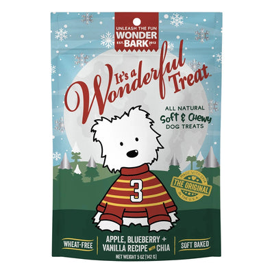 Wonder Bark soft baked Christmas dog treats featuring apple, blueberry, and vanilla flavors with chia seeds