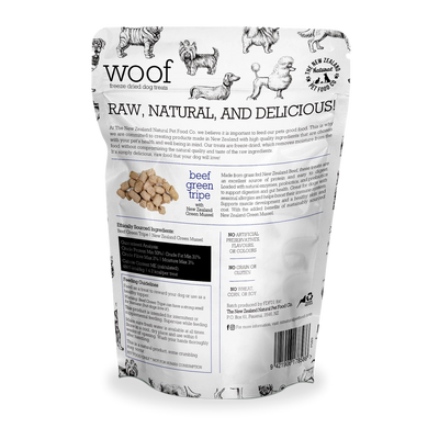 The New Zealand Natural Pet Food Co beef green tripe dog treats in a resealable bag, promoting raw and natural ingredients