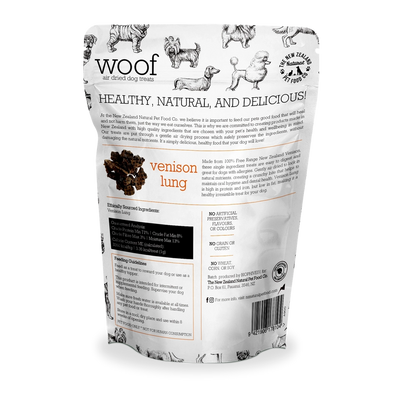 The New Zealand Natural Pet Food Co venison lung dog treats in a resealable bag with pet-friendly design