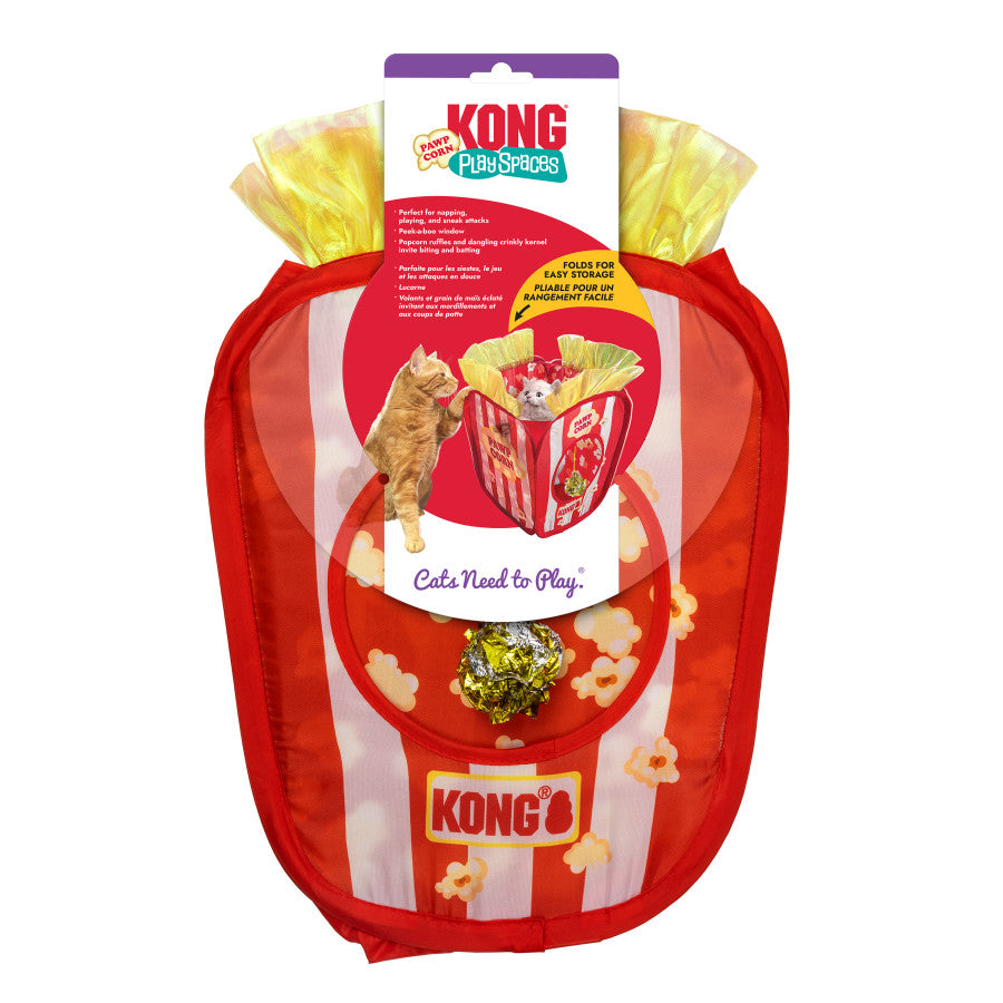 KONG Play Spaces Pawpcorn Cat Toy by Kong is a popcorn bag-themed hideout for cats, featuring playful popcorn graphics and a crinkly ball for interactive fun.