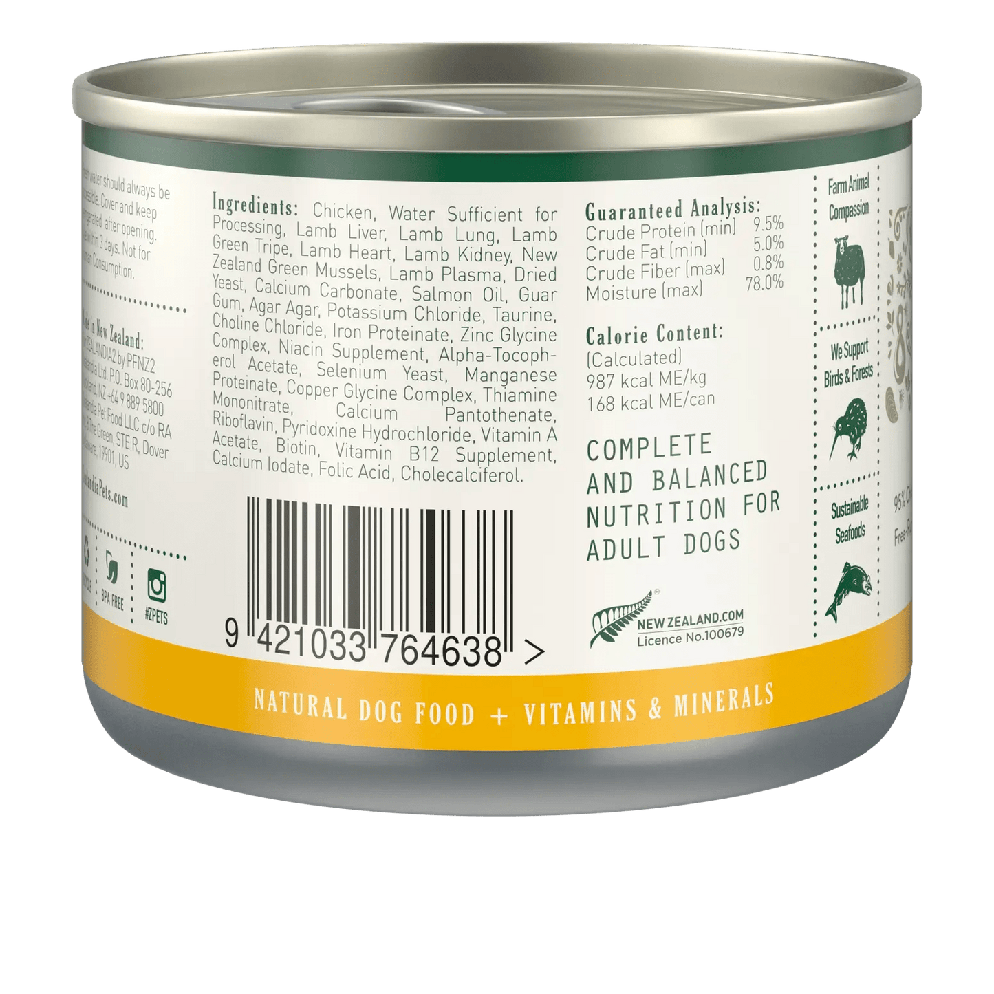 Zealandia chicken Pate wet dog food in a can, ideal for balanced nutrition for adult dogs