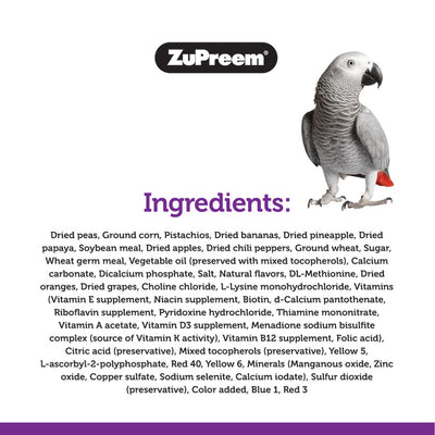 ZuPreem Pure Fun bird food ingredients list with a parrot graphic for pet owners
