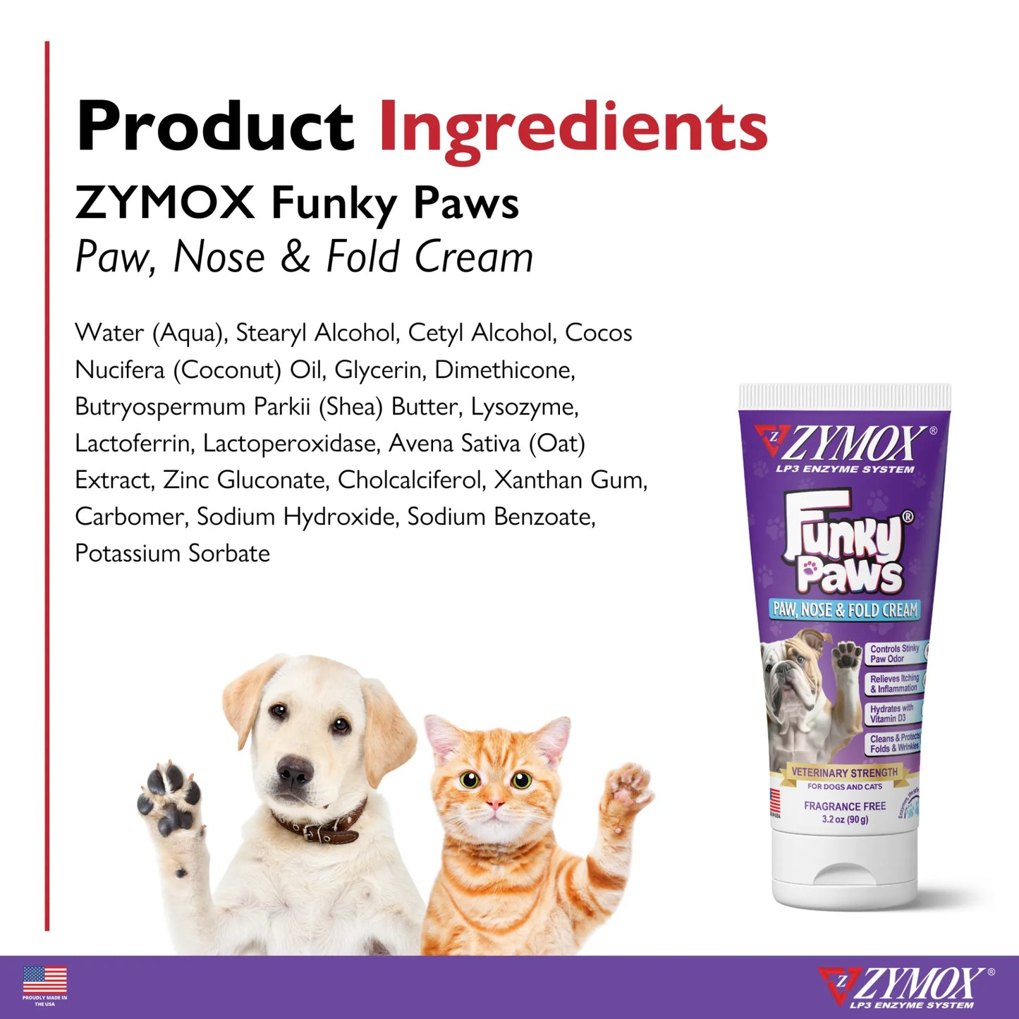 Zymox Funky Paws Paw and Nose Cream for Dogs in a tube with detailed ingredient list