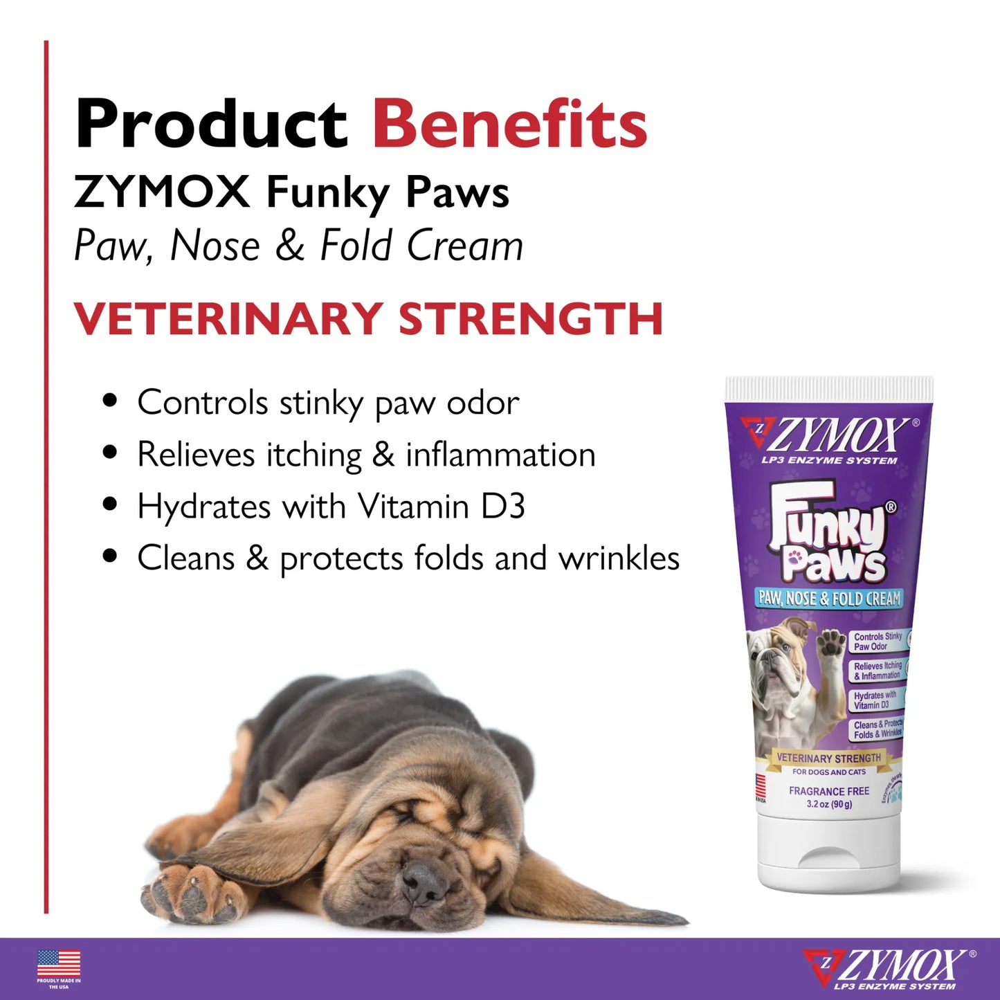 Zymox Funky Paws Paw and Nose Cream for Dogs in a tube, providing hydration and odor control