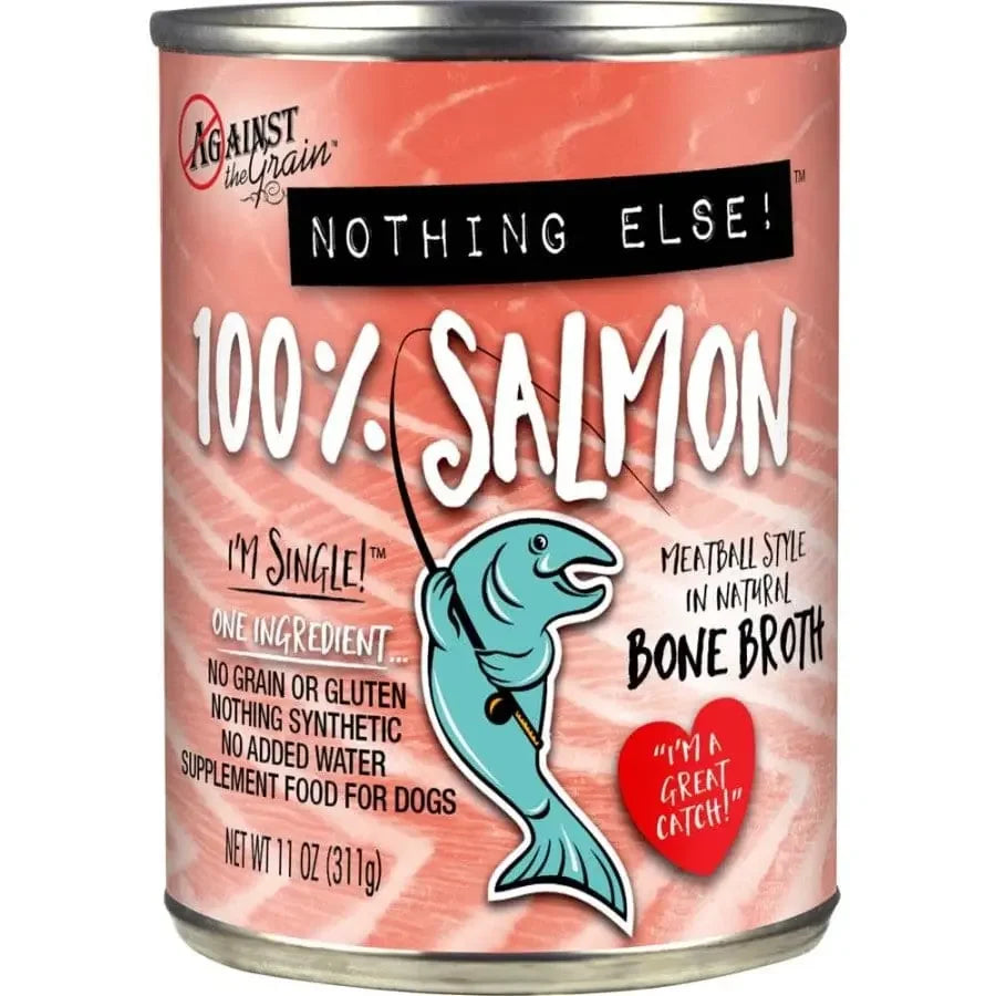 A can of Against the Grain Nothing Else 100% One Ingredient Salmon Adult Wet Dog Food, grain-free with no gluten or additives, features a single-ingredient salmon recipe in a natural bone broth and meatball style.