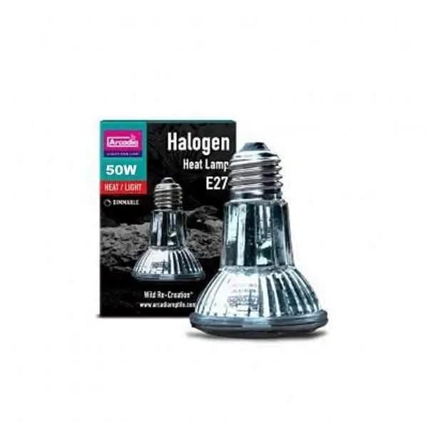 Close-up of an Arcadia halogen heat lamp for reptile enclosures