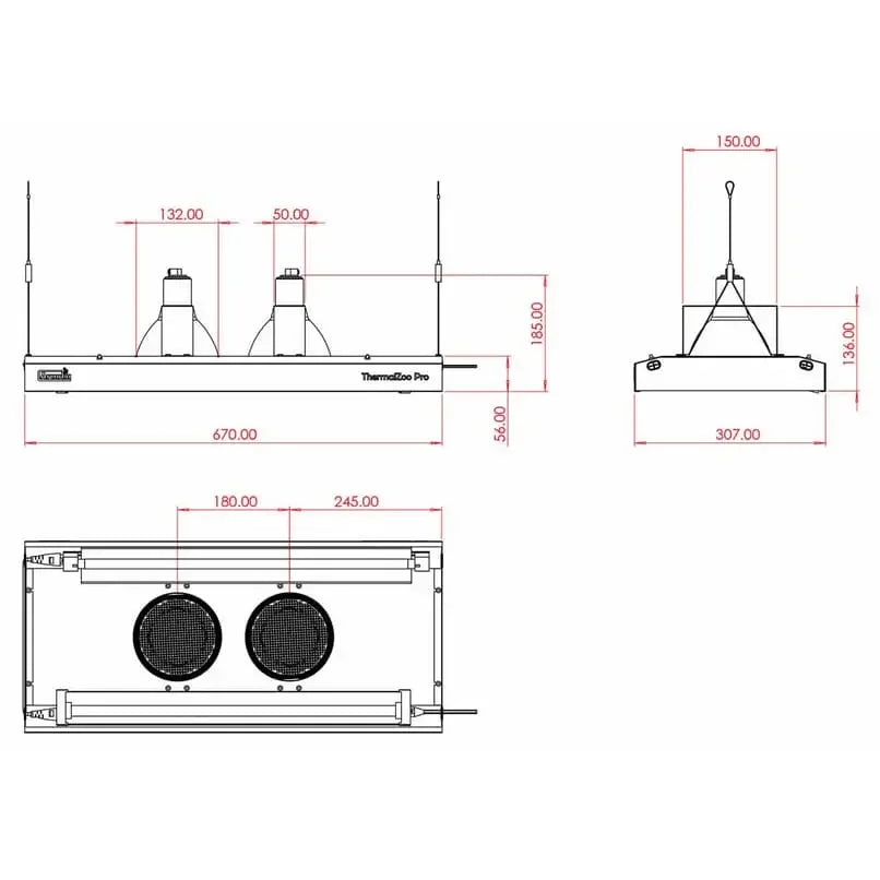 Measurement specifications for the Arcadia ThermalZooPro LED Lighting Heating Luminaire