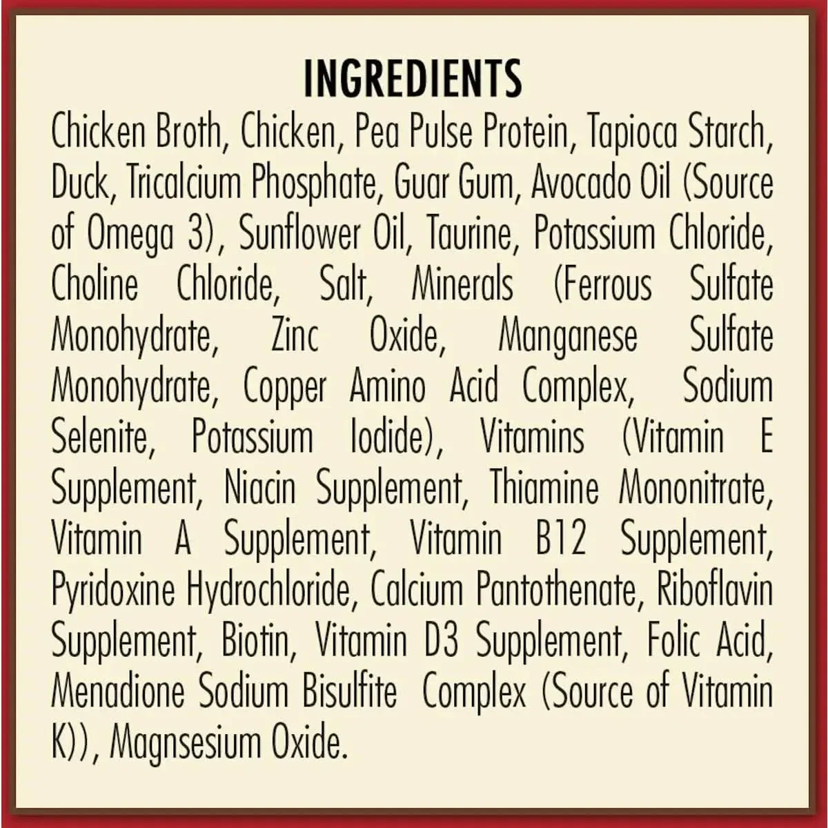 The AvoDerm Grain Free Chicken & Duck Recipe in Gravy Cat Food Pouch (24ea/3oz) features chicken, pea protein, tapioca starch, duck, vitamins & minerals on a beige background with red border—ideal for grain free wet cat food.