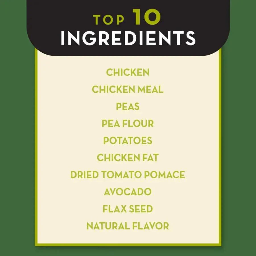 AvoDerm Grain Free Chicken and Vegetables Dry Dog Food by AvoDerm highlights top ingredients like chicken, chicken meal, and avocado on a green-background Top 10 Ingredients list—perfect for those seeking nutritious grain free dog food.