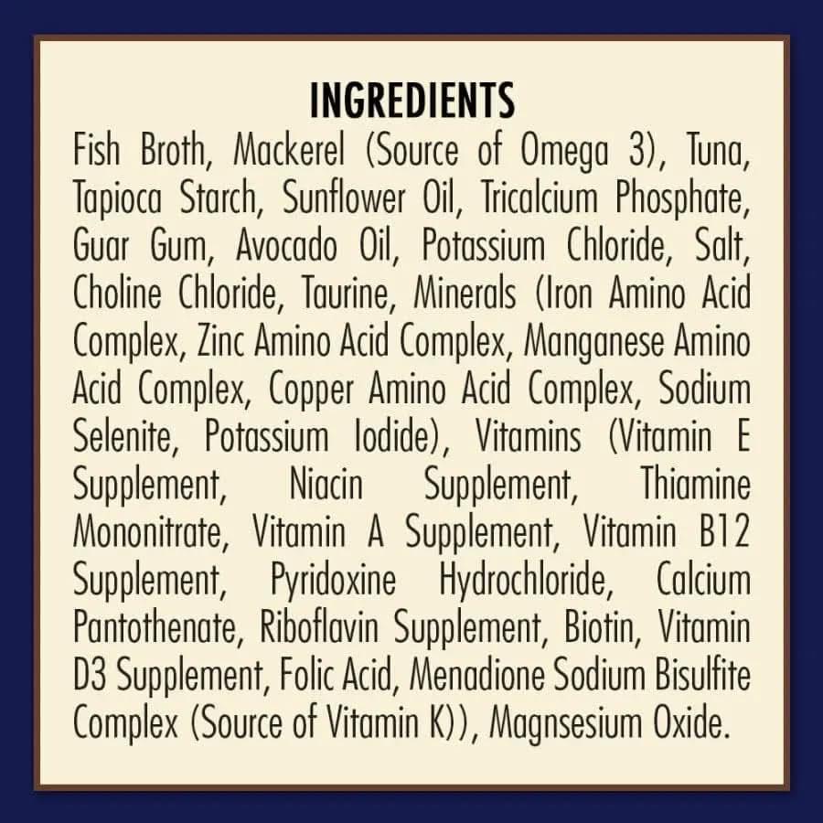 AvoDerm Grain Free Ocean Fish Recipe in Gravy Wet Cat Food Pouch (24ea/3oz) by AvoDerm contains fish broth, mackerel, tuna, avocado oil, and supplements—ideal for those seeking grain-free and avocado-based nutrition for their cats.