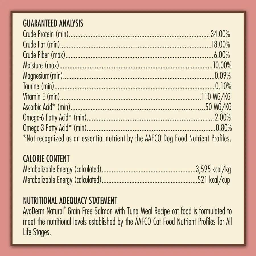The AvoDerm Grain Free Salmon with Tuna Meal Dry Cat Food label lists guaranteed analysis, calorie content, and states it meets AAFCO cat food nutrient profiles for all life stages—ideal for your salmon and tuna-loving cat.