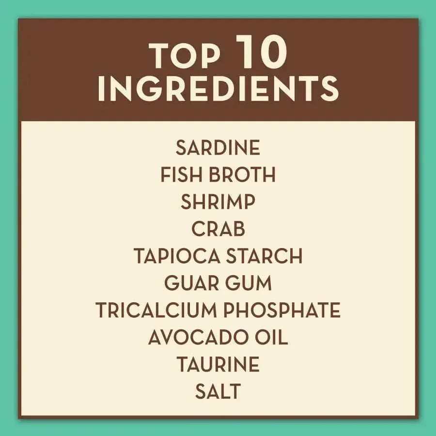 AvoDerm Grain Free Sardine Shrimp & Crab Entree in Gravy Canned Cat Food lists sardine, fish broth, shrimp, crab, tapioca starch, guar gum, tricalcium phosphate, avocado oil, taurine, and salt as its top 10 ingredients.