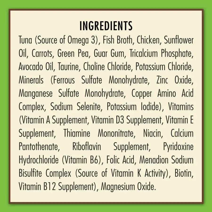 A yellow box displays the ingredients for AvoDerm Grain Free Tuna & Chicken w/ Vegetables in Gravy Canned Cat Food (24/3oz), including tuna, fish broth, chicken, veggies, vitamins, minerals, and supplements. Ingredients is in bold at the top.