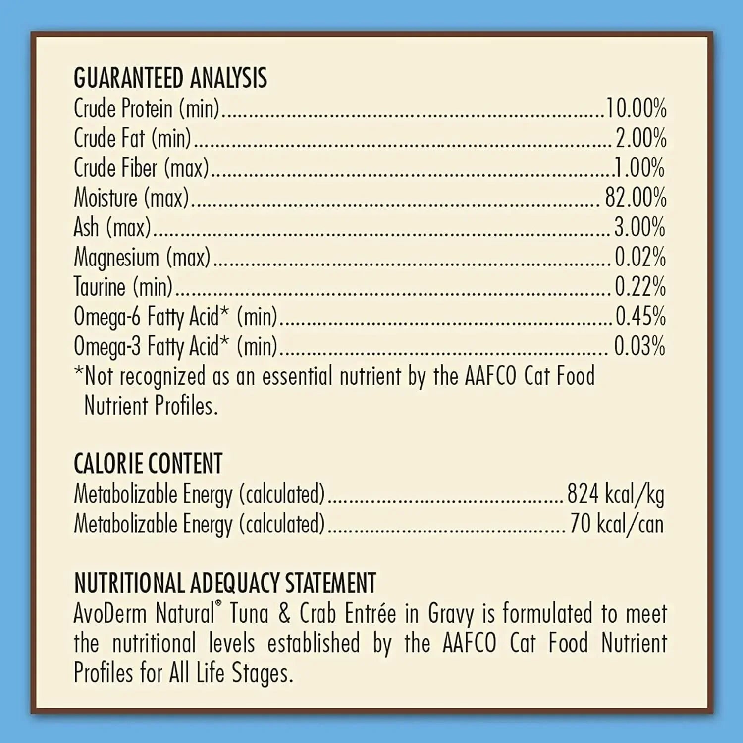 The AvoDerm Grain Free Tuna & Crab Entree in Gravy Canned Cat Food label shows percentages of protein, fat, fiber, moisture, minerals, omega-6 and omega-3 fatty acids, calorie content, and a nutritional adequacy statement.