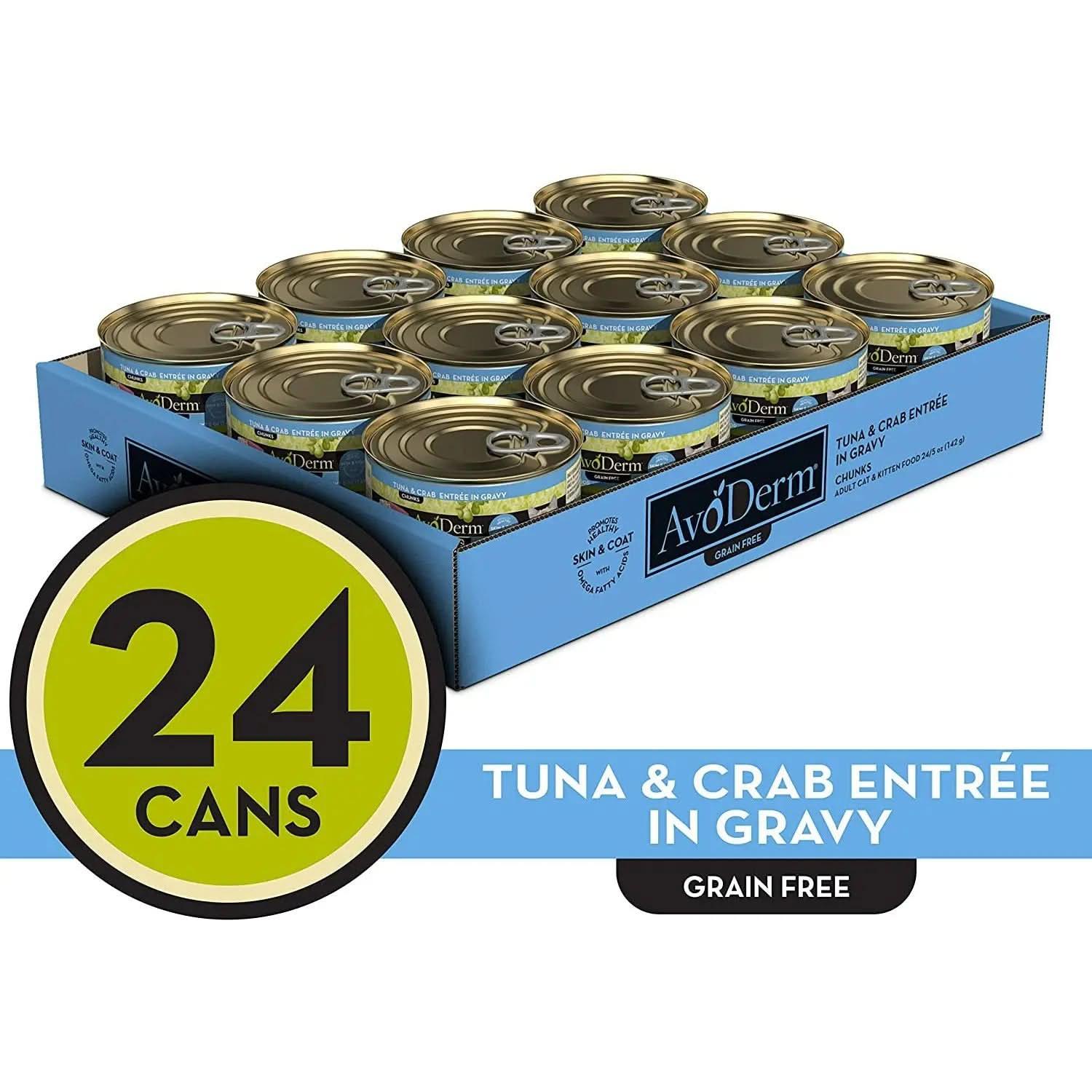 AvoDerm Grain Free Tuna & Crab Entree in Gravy Canned Cat Food, 24-pack, features nourishing avocado in gold cans on a blue tray. Text highlights “24 Cans” and “Grain Free.”.