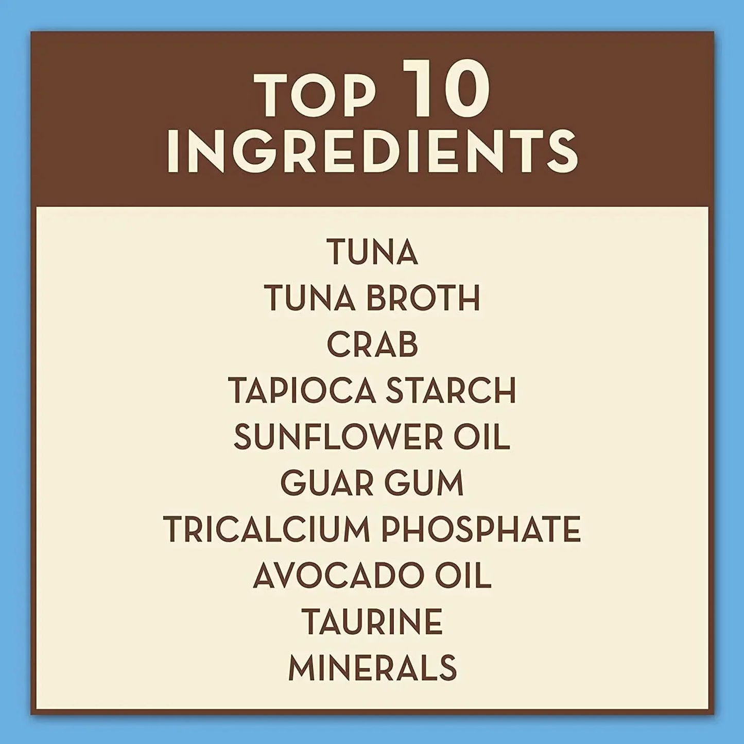AvoDerm Grain Free Tuna & Crab Entree in Gravy Canned Cat Food features a Top 10 Ingredients list, including tuna, crab, and tapioca starch, on a beige background—perfect wet food for your feline.