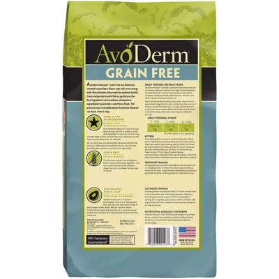 Back of an AvoDerm Grain Free Tuna with Lobster & Crab Meals Dry Cat Food bag showing feeding instructions, nutrition info, product benefits, and an American flag—highlighting its made in the USA.
