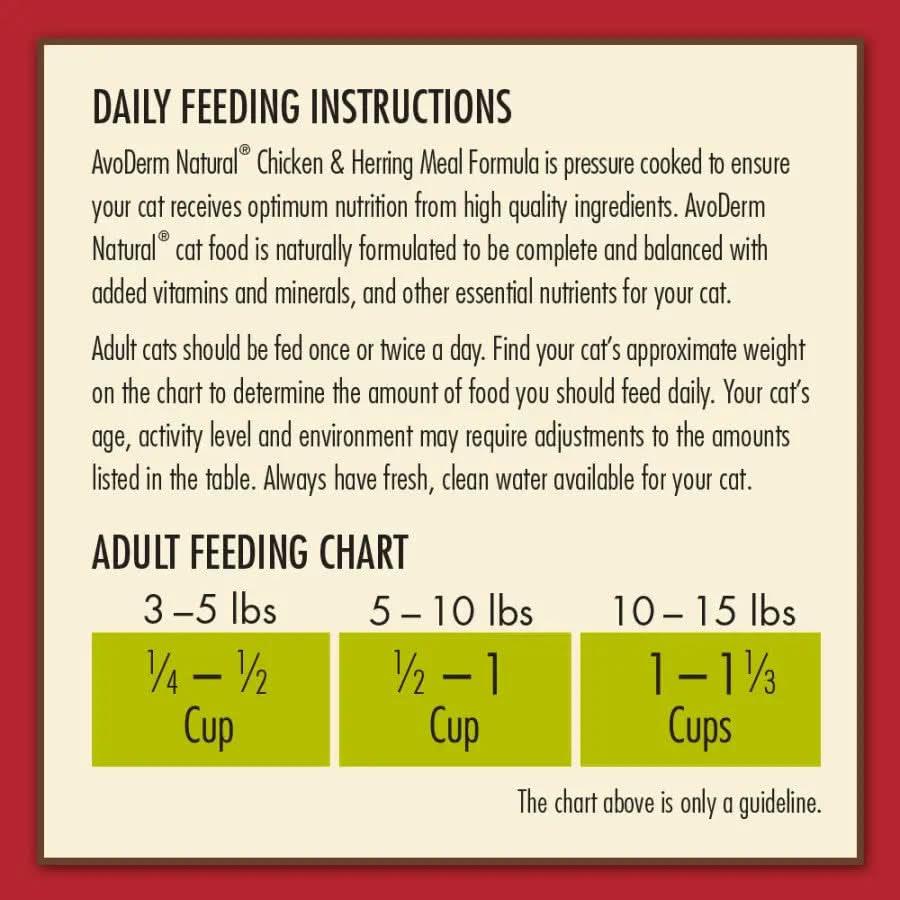 AvoDerm Natural Adult Chicken & Herring Meal Dry Cat Food feeding: For cats 3–5 lbs, give ¼–½ cup; 5–10 lbs, ½ cup; and 10–15 lbs, 1–1¼ cups daily. Adjust portions by your cat’s weight.