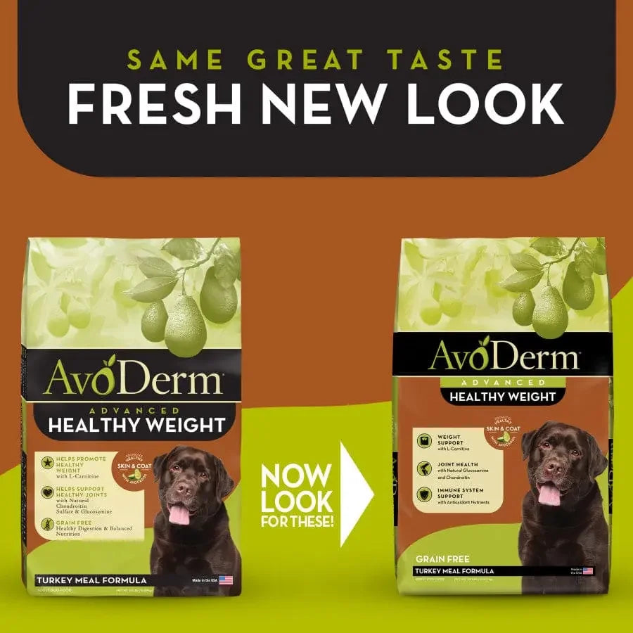 Two bags of AvoDerm Natural Advanced Healthy Weight Dry Dog Food are shown: the left bag with a new green and yellow design, the right bag with the old look. Text says, Same great taste, fresh new look. Brand: AvoDerm.