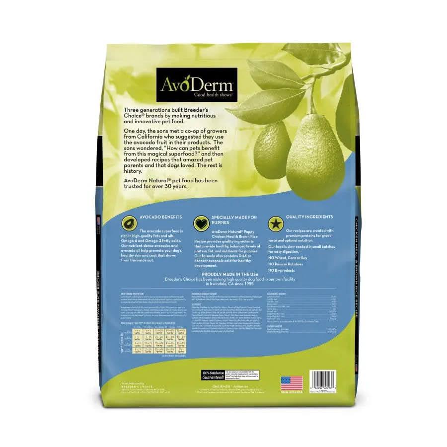 Back of an AvoDerm Natural Chicken Meal & Brown Rice Formula Dry Puppy Food bag highlights avocado benefits, features, and quality ingredients. Avocado images and green leaves adorn the top; barcode and American flag below. Proudly corn free.