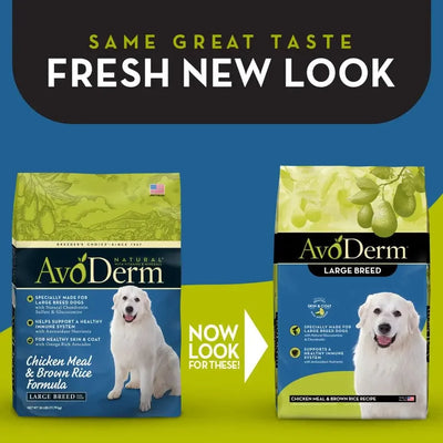 Two bags of AvoDerm Natural Chicken Meal & Brown Rice Formula Large Breed Dry Dog Food. The left, in blue and green, shows the old design; the right, in blue and yellow, features the new look. Text: Same Great Taste, Fresh New Look.