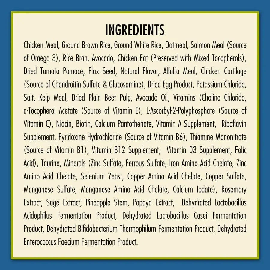 A blue-bordered label on AvoDerm Natural Chicken Meal & Brown Rice Formula Large Breed Dry Dog Food lists salmon meal, grains, vegetables, oils, vitamins, minerals, and probiotics under the “INGREDIENTS” heading.