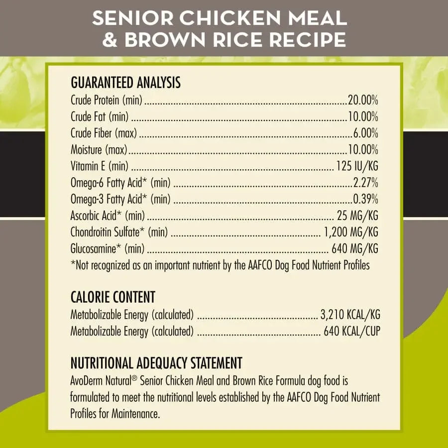 The guaranteed analysis, calorie content, and nutritional adequacy statement for AvoDerm Natural Chicken Meal & Brown Rice Senior Dry Dog Food are shown on a green and gray panel to support healthy joints in senior dogs.