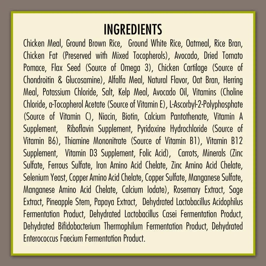 AvoDerm Natural Chicken Meal & Brown Rice Senior Dry Dog Food, by AvoDerm, contains chicken meal, brown rice, veggies, oils, and fruits to support senior dogs’ joint health and overall wellness. Ingredients are listed in a box with a yellow-green border.