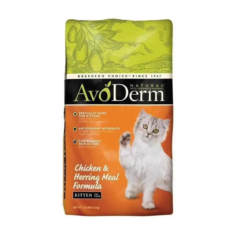 AvoDerm Natural Chicken & Herring Meal Formula Dry Kitten Food by AvoDerm features a white kitten on the bag and highlights omega-rich avocados for healthy skin, antioxidants, and vital nutrients for kittens.