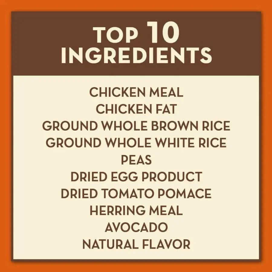 AvoDerm Natural Chicken & Herring Meal Formula Dry Kitten Food features chicken, herring meal, avocados, chicken fat, brown rice, peas, and dried egg product as top ingredients for growing kittens.