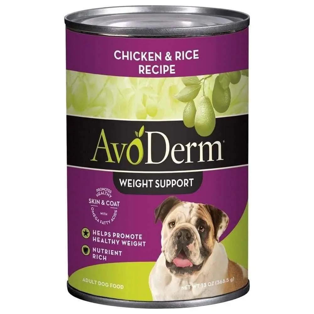 AvoDerm Natural Chicken & Rice Weight Control Canned Dog Food, 13oz, features avocado highlights and promotes skin, coat, and healthy weight for adult dogsâideal for supporting your pupâs weight management. Pack of 12.