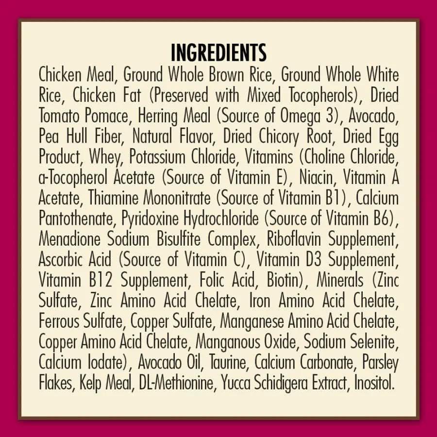 AvoDerm Natural Indoor Formula Adult Dry Cat Food by AvoDerm features a bold black INGREDIENTS heading on a beige background, listing chicken meal, brown rice, avocado oil for healthy skin and coat, plus vitamins, minerals, and nutrients.