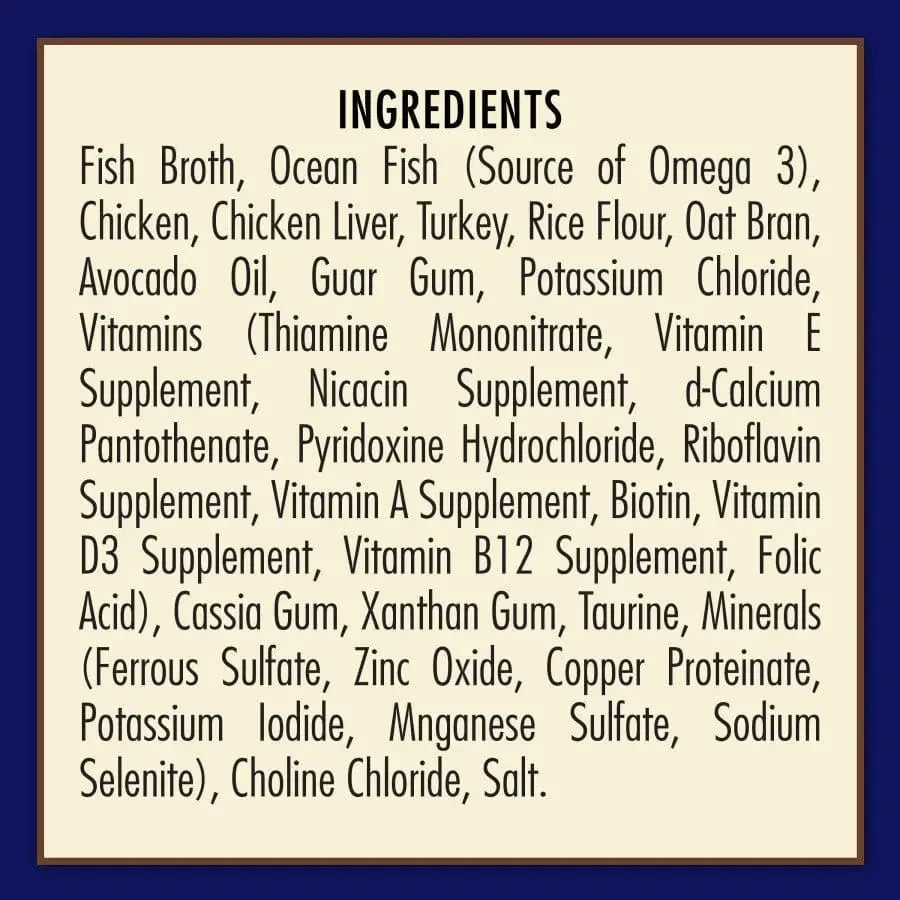 AvoDerm Natural Ocean Fish Formula Wet Cat Food by AvoDerm features an Ingredients label listing ocean fish formula, chicken, turkey, rice flour, oat bran, oils, vitamins, minerals, supplements, taurine, and salt on a cream background with a blue border.