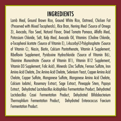 The ingredients for AvoDerm Natural Original Lamb Meal & Brown Rice Recipe Dry Dog Food are shown on a tan background with a burgundy border, highlighting lamb meal, brown rice, meats, grains, fish, veggies, vitamins, minerals, probiotics & natural flavors.