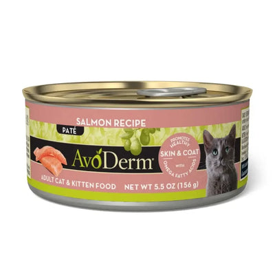 AvoDerm Natural Salmon Formula Wet Cat Food, 5.5 oz can for adult cats and kittens, features salmon slices and highlights omega fatty acids for healthy skin and coat. Pack of 24 by AvoDerm.