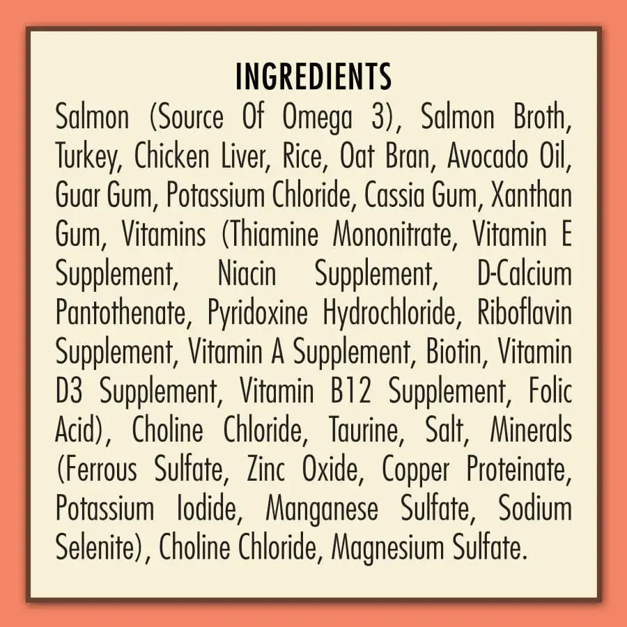 AvoDerm Natural Salmon Formula Wet Cat Food features salmon, turkey, chicken liver, rice, oat bran, oils, gums, vitamins, minerals and supplements—a premium meal from AvoDerm for your cat.