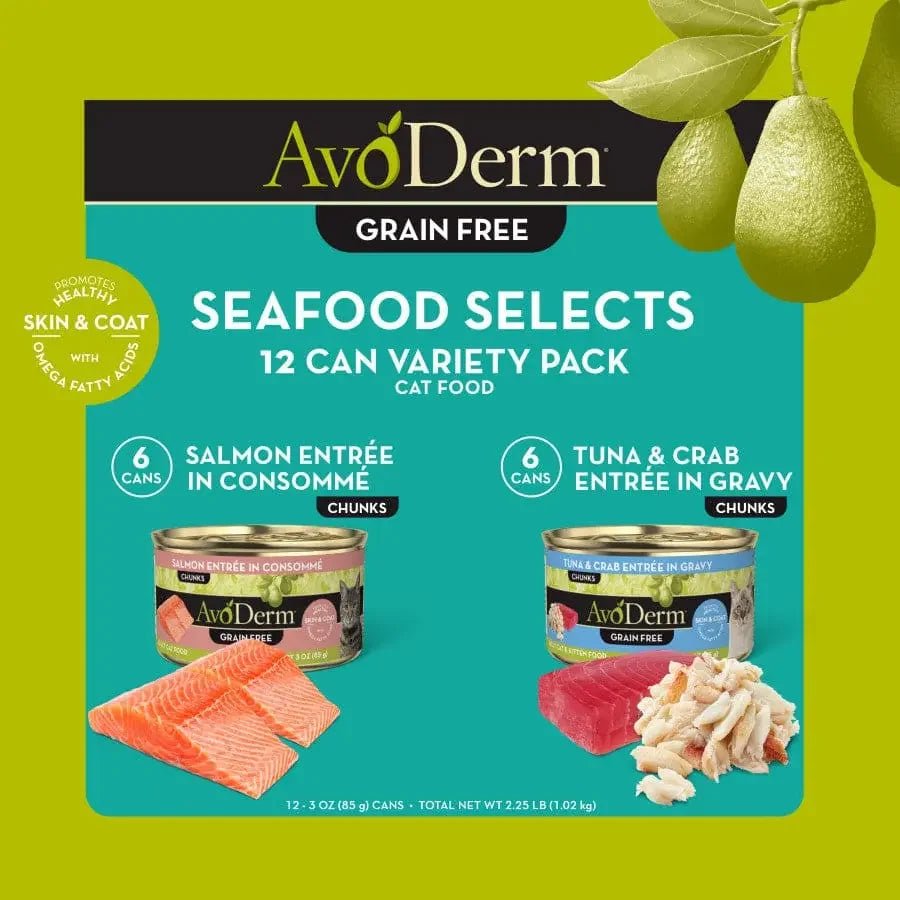 AvoDerm Natural Seafood Selects Grain Free Wet Cat Food Variety Pack (12 cans) features Salmon Entrée in Consommé and Tuna & Crab Entrée in Gravy. Fresh salmon and crab slices are shown beside the cans on a green background.