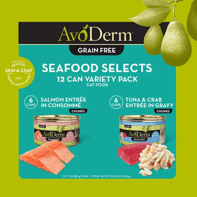 AvoDerm Natural Seafood Selects Grain Free Wet Cat Food Variety Pack (12 cans) features Salmon EntrĂŠe in ConsommĂŠ and Tuna & Crab EntrĂŠe in Gravy. Fresh salmon and crab slices are shown beside the cans on a green background.